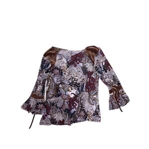 Y2K Floral Paisley Velvet Tie-Front Blouse Women’s Size Small Vintage Boho Retro